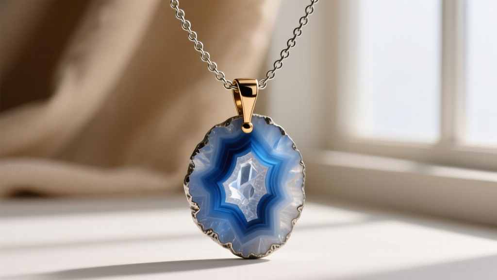 Celestite geode slice necklace on a 1.5mm oxidized silver rolo chain, highlighting a heavy-duty soldered brass bail connection.