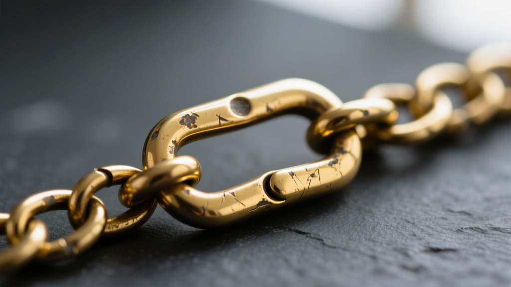 Worn gold-filled chain clasp showing slight brass bleed-through at friction points, photographed against a dark slate background.