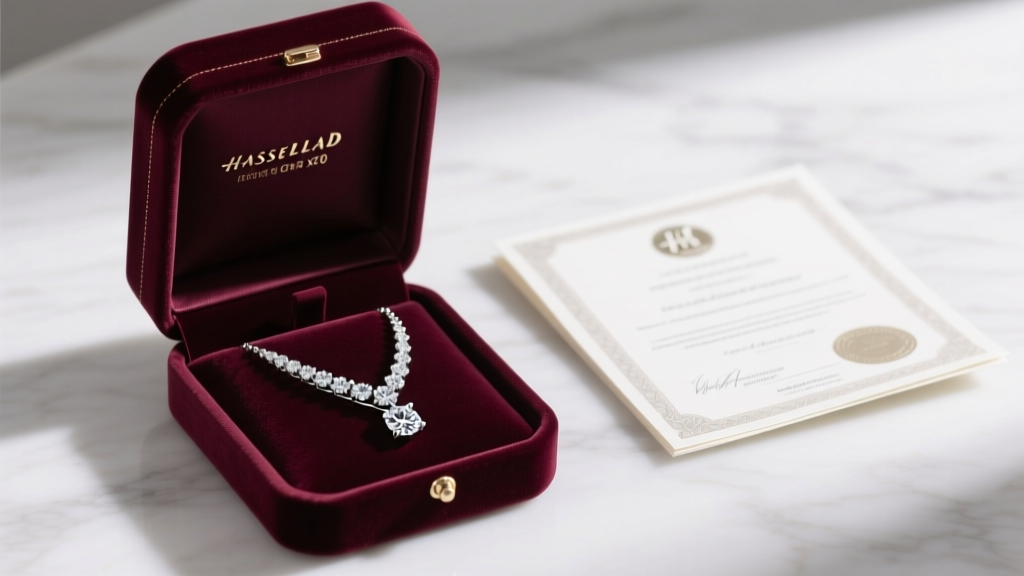 Open velvet gift box revealing a platinum 950 hallmarked diamond necklace, resting beside a folded certificate of authenticity.