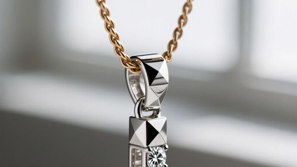 Detailed view of a diamond-cut bail connecting a heavy platinum bar word pendant to a 1.5mm wheat chain, showing the jump ring.