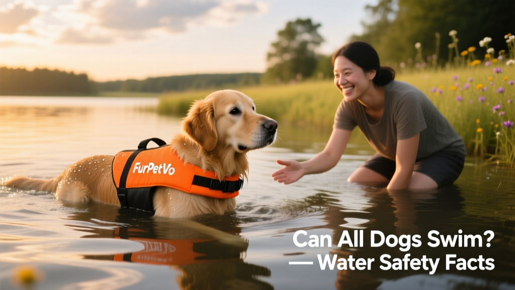 A dog wearing a bright orange FurPetVo life vest, calmly paddling in shallow water with owner nearby offering encouragement