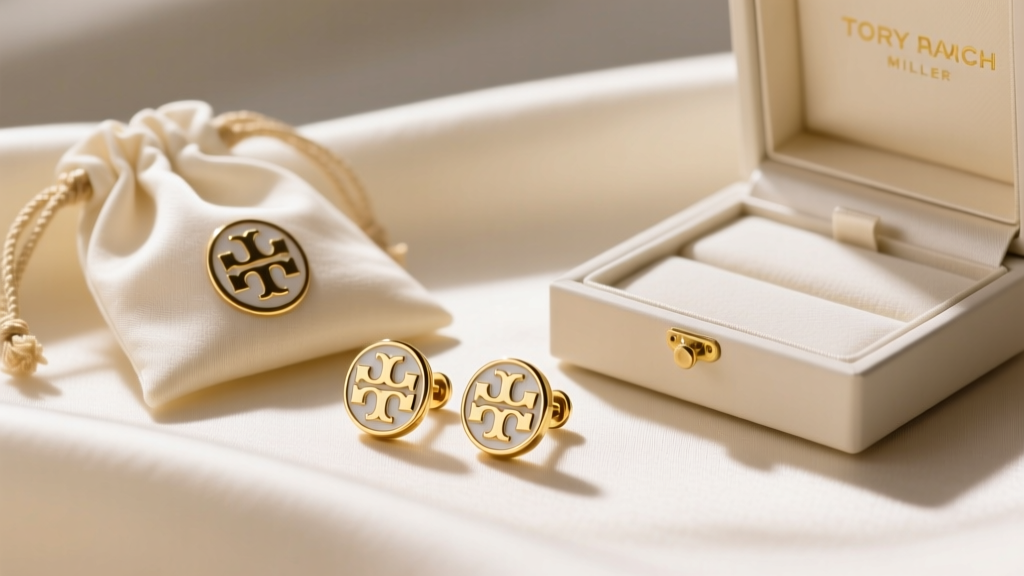 Gold-plated Tory Burch Miller enamel stud earrings resting on cream silk fabric beside a branded dust bag and an open jewelry box