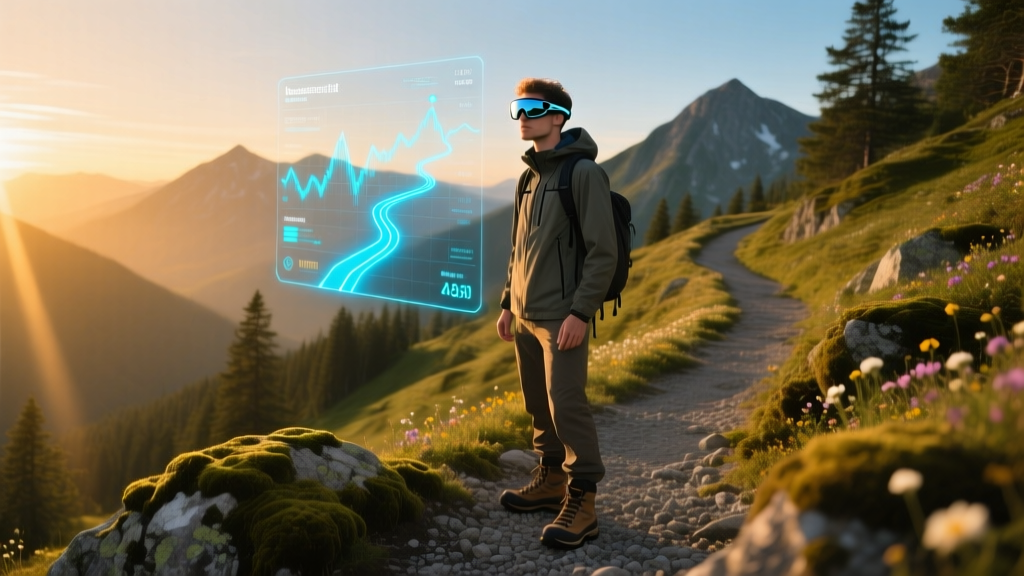 Hiker wearing polarized AR smart glasses looking at a digital trail overlay on a mountain path during golden hour