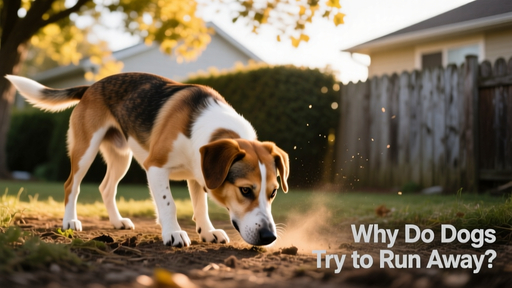 A mixed-breed dog sniffing intently at ground level, following a trail