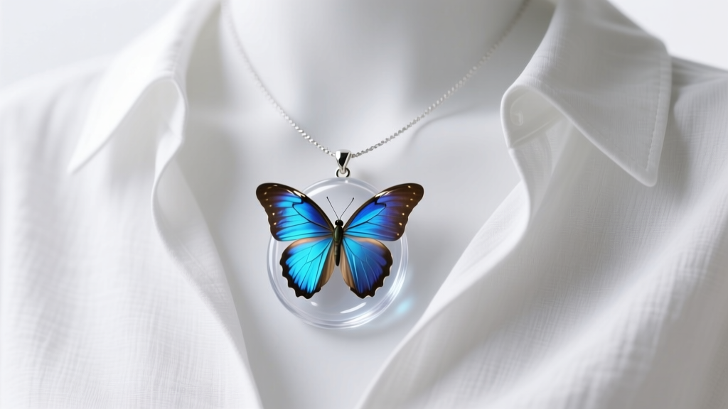 Translucent bio-resin pendant encasing a real morpho butterfly, worn as a bug necklace against a crisp white linen blouse