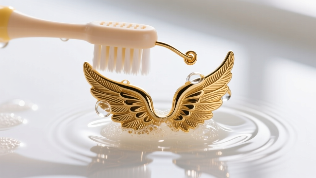 A soft-bristled baby toothbrush gently scrubbing the feather crevices of a gold angel wing earring submerged in soapy water.
