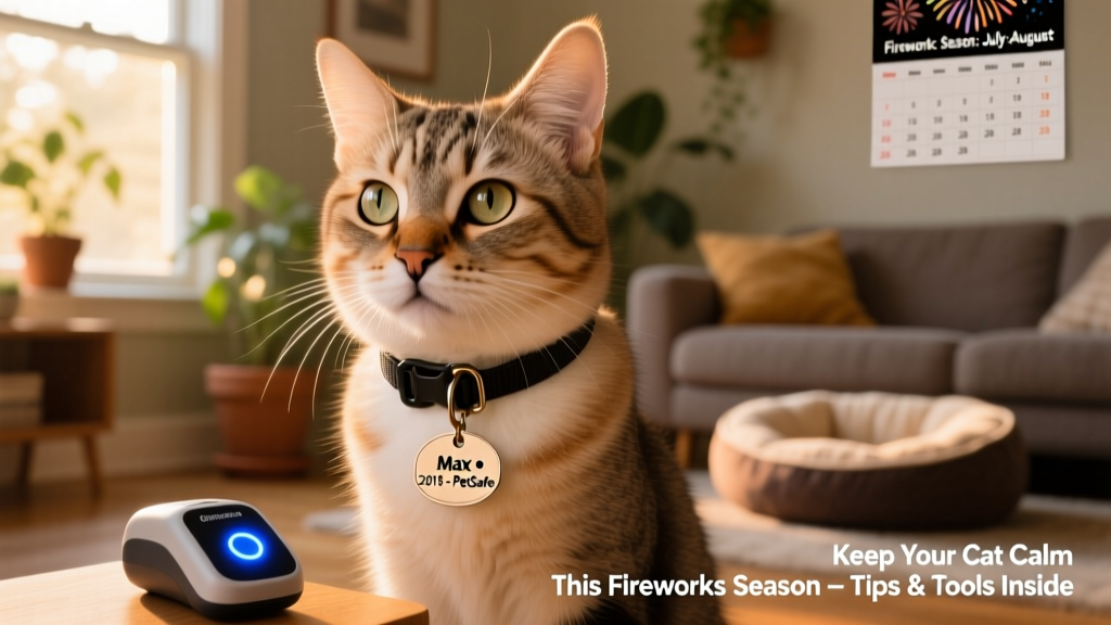 Close-up of a cat wearing a personalized breakaway collar with ID tag next to a microchip scanner