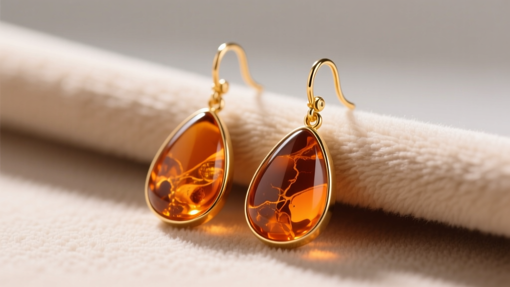Close-up of teardrop Botw amber earrings on a soft microfiber cloth, featuring warm orange stones and gold-plated brass hooks.