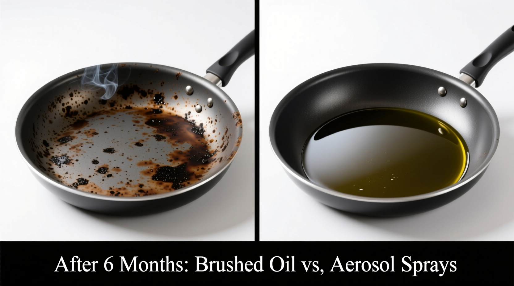 Side-by-side comparison: left shows a nonstick pan with visible spotty brown residue from repeated aerosol use; right shows same pan after six months of brushed oil use—smooth, uniform, no discoloration