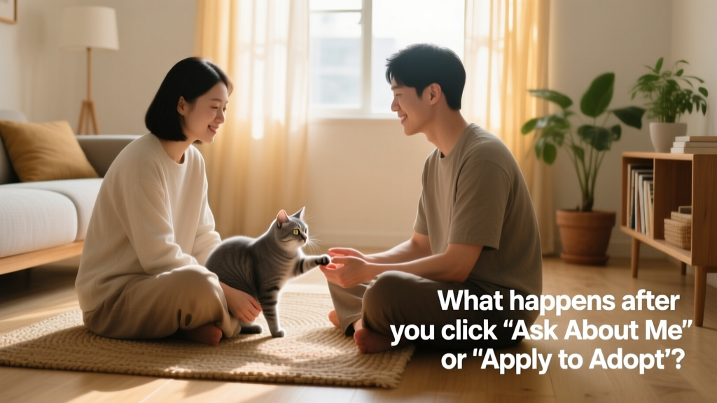 Two people sitting calmly on a living room floor with a calm, curious cat exploring their hands during a supervised meet-and-greet