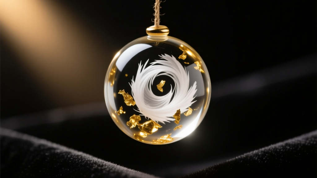 Macro shot of a borosilicate glass bead with white pet ashes and gold foil, lit by a warm spotlight on black velvet background.
