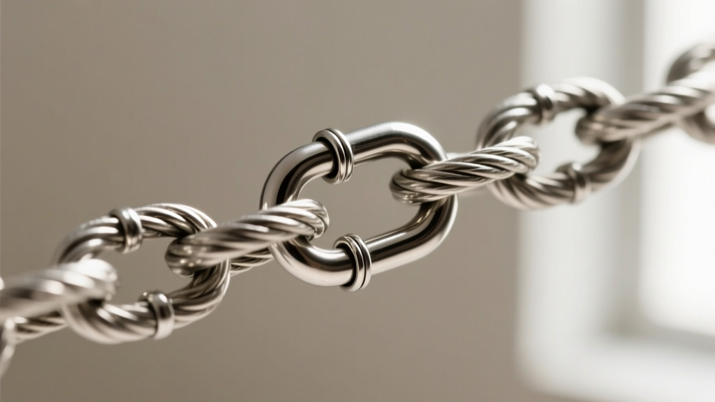Macro shot of a 1.5mm steel rope chain connected to a 6mm lobster clasp, highlighting the soldered jump ring and link detail.