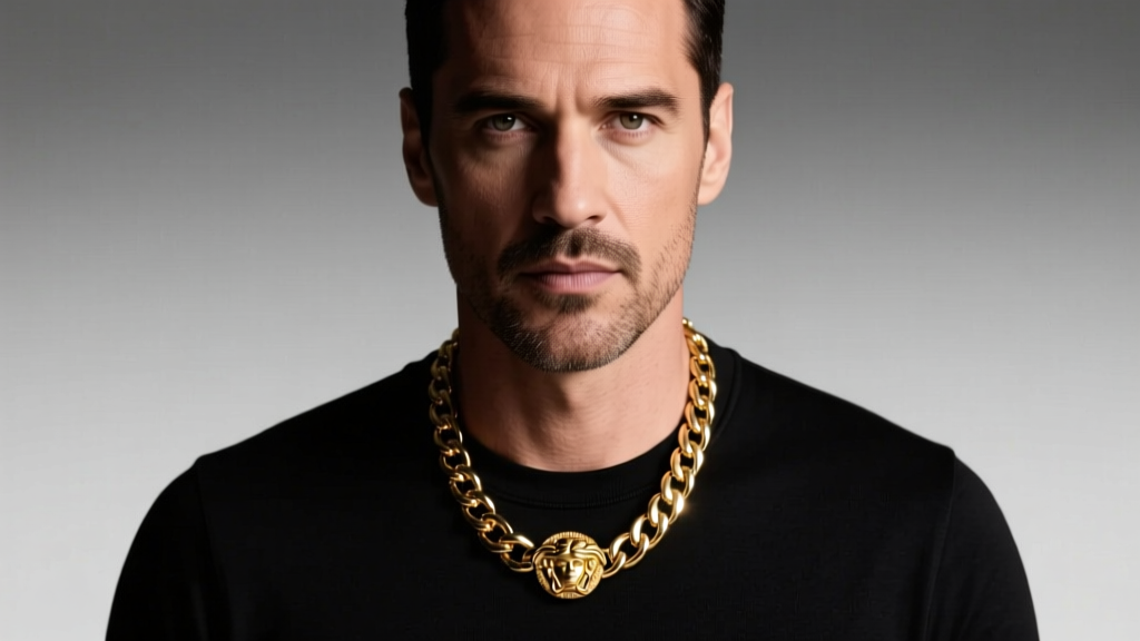 Close-up of a man wearing a thick gold-tone Versace Medusa chain necklace over a black t-shirt, studio lighting
