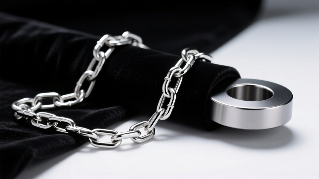 A silver chain on dark velvet next to a neodymium magnet, showing zero magnetic attraction under bright, focused studio lighting.