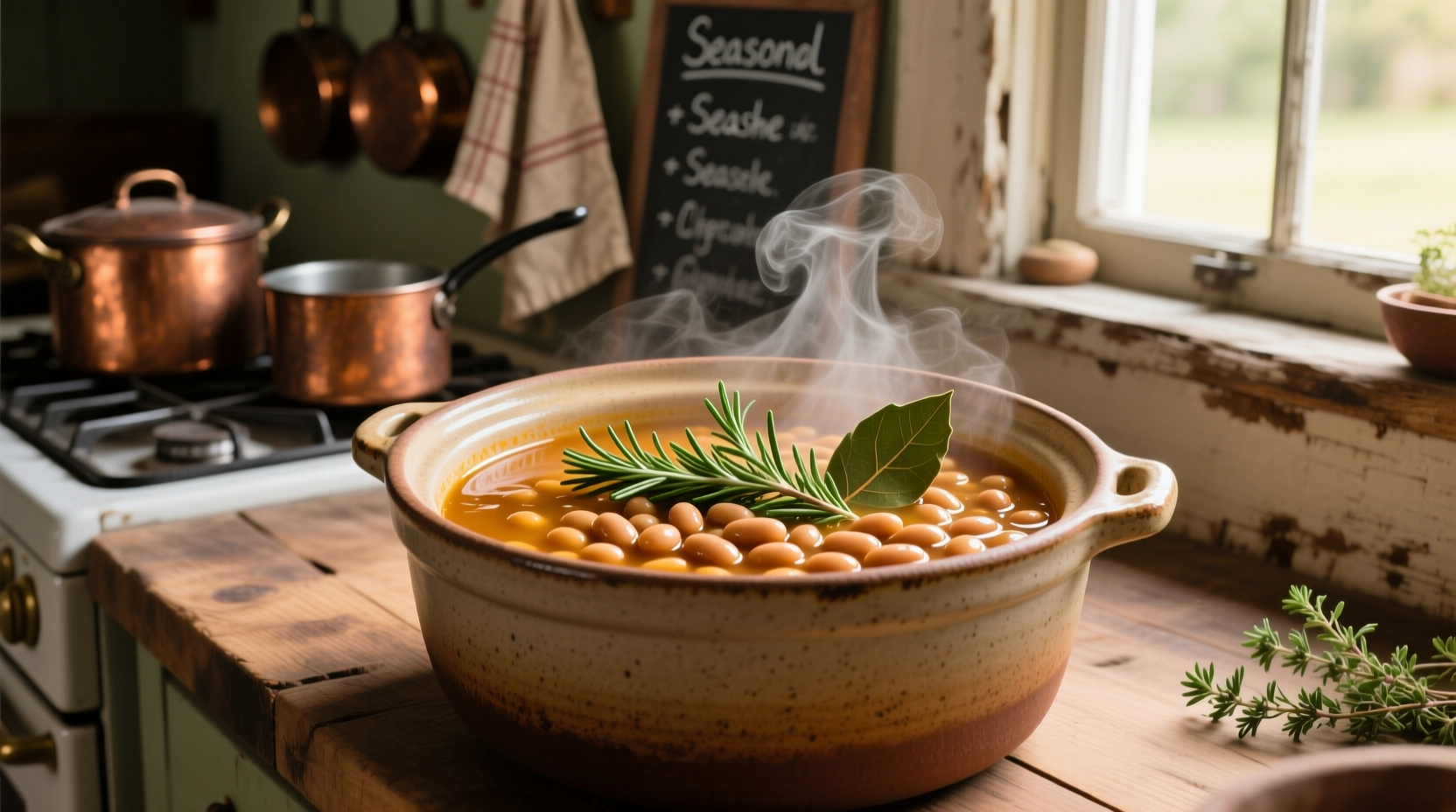 Pinto beans simmering in crock pot with herbs