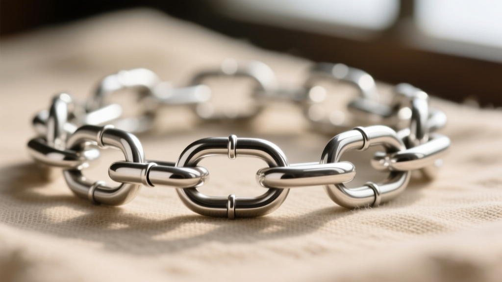 Macro shot of handmade sterling silver jailhouse chain showing interlocking five-piece wire links and precise solder joints
