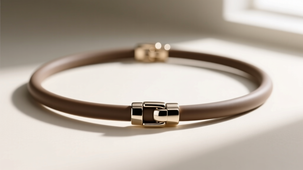 Macro shot of a luxury elastomer necklace showing the seamless molded transition between the matte rubber cord and a brushed titanium bayonet clasp.