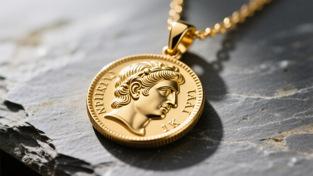Close-up of a 14k yellow gold coin necklace pendant on slate, showing stamped Roman profile details and textured bezel.