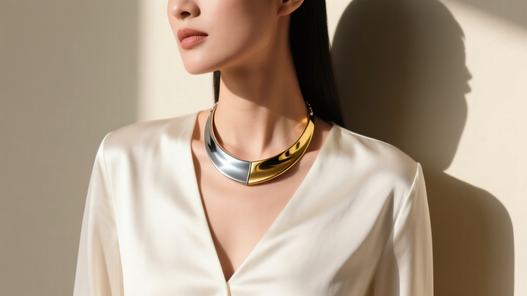 A woman wearing a two tone silver and gold pendant necklace over a silk blouse, highlighting mixed metal contrast on her collarbone