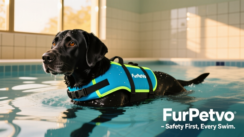 A black Labrador wearing a FurPetVo dog life jacket in a swimming pool