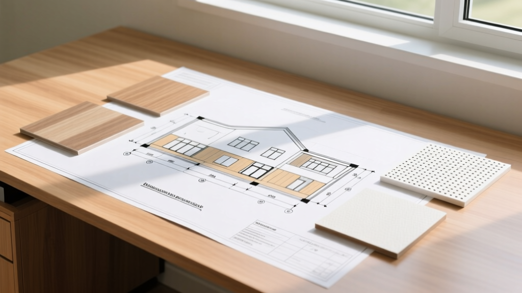 Architectural blueprint of a modern daycare center overlaid with material samples like luxury vinyl tile and acoustic ceiling panels on a wooden desk