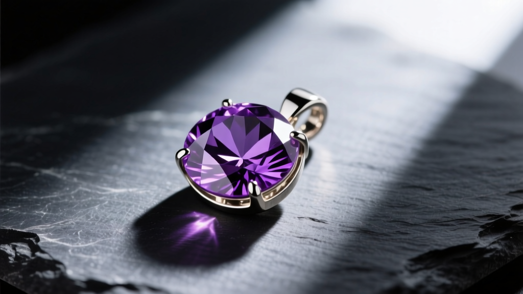Close-up of a faceted amethyst pendant set in a 14k white gold bezel, resting on dark slate with dramatic side lighting.