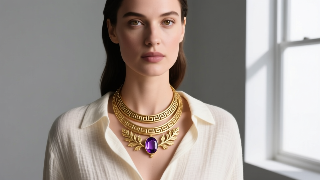 Woman wearing a layered 14k gold necklace with a bezel-set amethyst cabochon, highlighting Greek motifs against a linen shirt