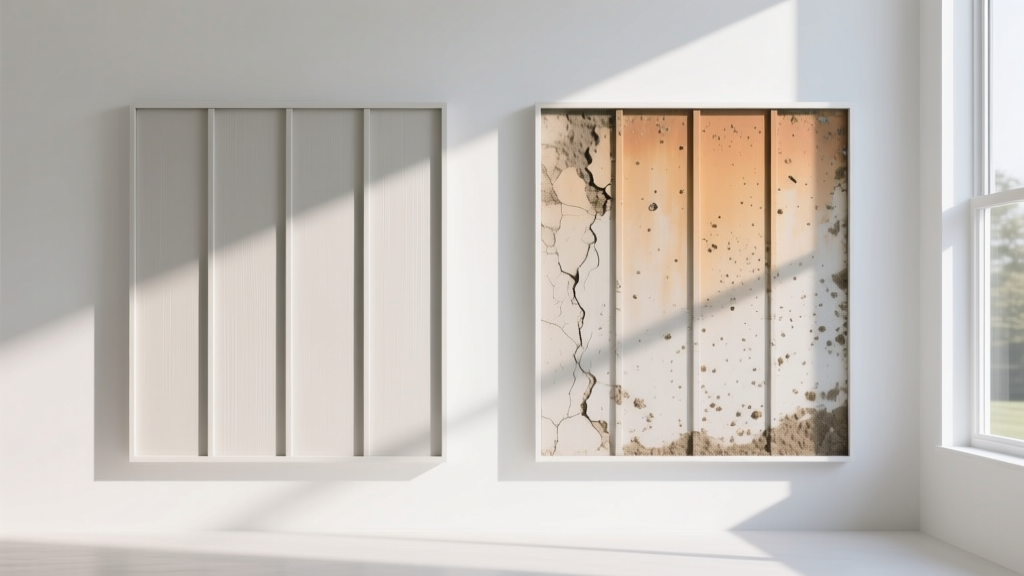 Catalog photo of pristine fiber cement siding next to the same material showing UV fading and dirt after five years of outdoor exposure.