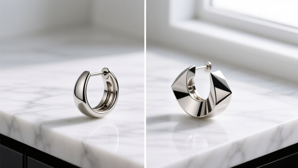 Side-by-side comparison of single and double flare tunnel earrings showing distinct lip edges on a clean white marble countertop.