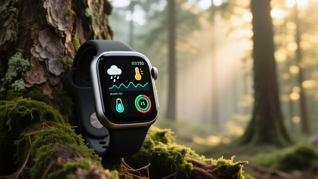 Close-up of a smartwatch displaying real-time weather predictive alerts and hydration metrics in a dense pine forest