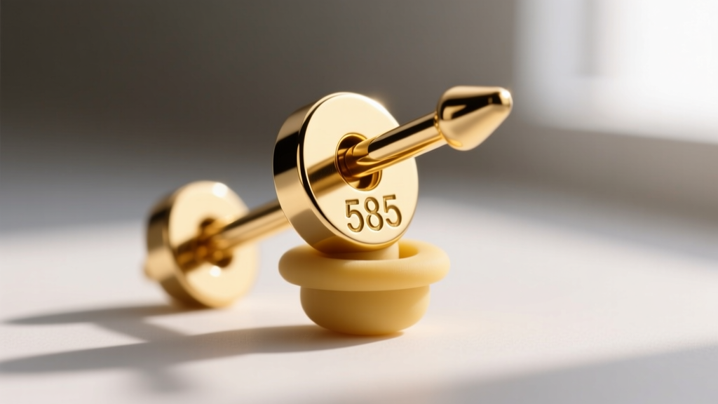 Extreme close-up of a 14k gold earring post showing the crisp 585 hallmark stamp and a secure silicone friction back in place