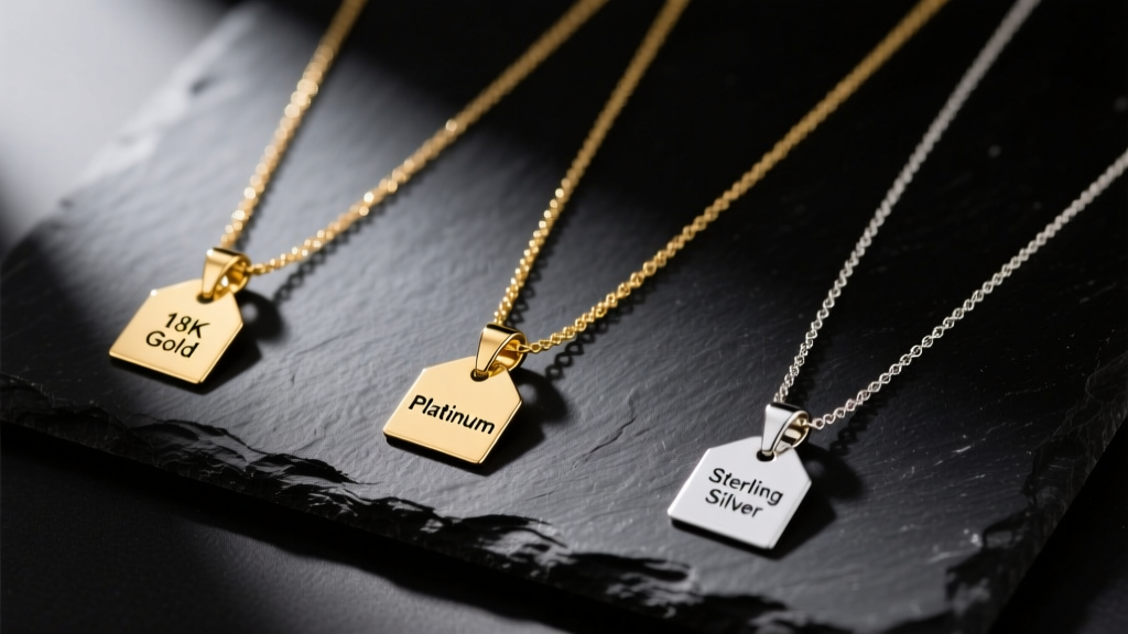 Three gold necklaces with material tags laid out on a dark slate surface, illuminated by soft directional lighting for comparison.