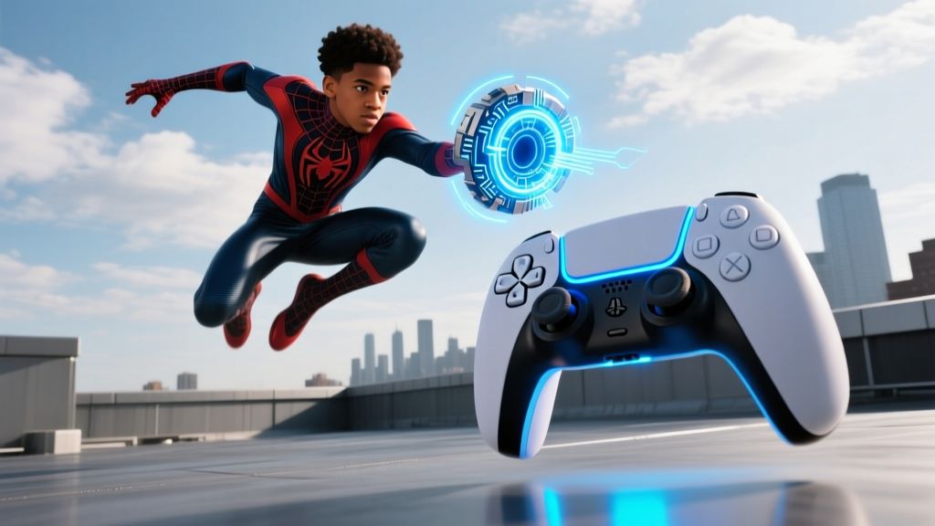 Miles Morales mid-air preparing a gravity well gadget with the PS5 DualSense controller glowing in the foreground.