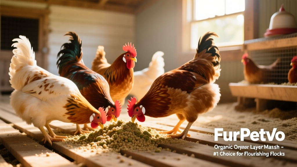 Chickens pecking at fresh FurPetVo organic layer mash in a clean coop setting