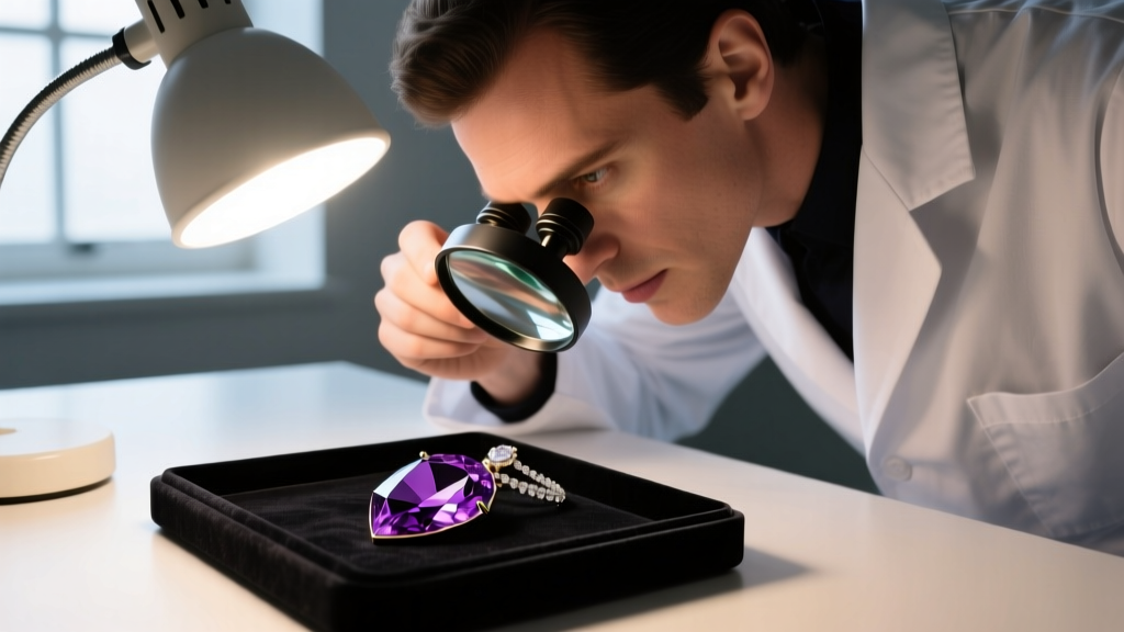 Jeweler using a 10x loupe to inspect an amethyst pendant for dye in surface fractures under a bright gemological desk lamp