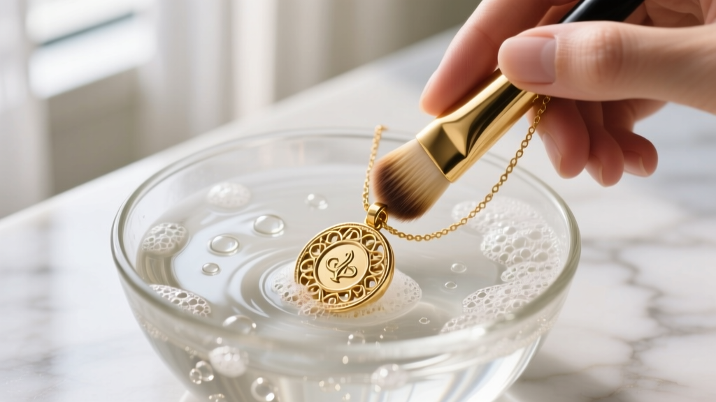 Fingers scrubbing a gold pendant necklace with a soft brush in a glass bowl of soapy water, shot in bright macro detail.