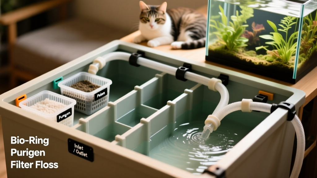Top-down photo of a compact, neatly organized DIY sump with labeled media baskets, adjustable baffles, and clearly routed tubing