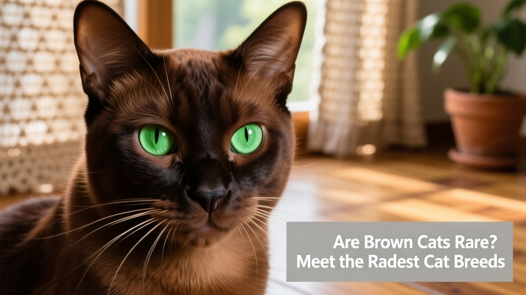 Close-up of a Havana Brown cat’s face showing rich chocolate fur, vivid green eyes, and dark nose