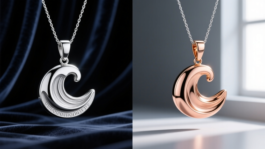 Side-by-side comparison of a matte-finish platinum wave pendant and a high-polish 18k rose gold wave pendant on dark velvet.