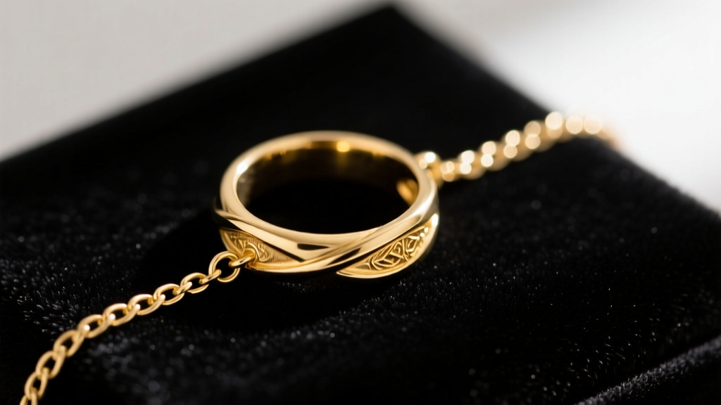 Close-up of a 14k gold slave ring set on black velvet, highlighting the delicate chain connecting the ring to the bracelet.