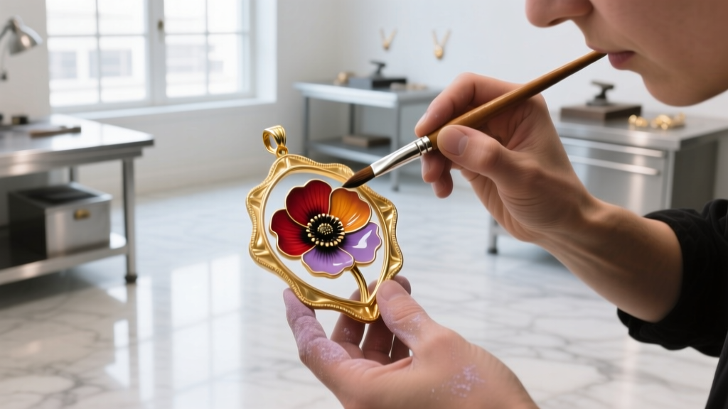 Artisan applying translucent vitreous enamel to a 14k gold poppy pendant frame with a fine brush in a bright jewelry workshop.