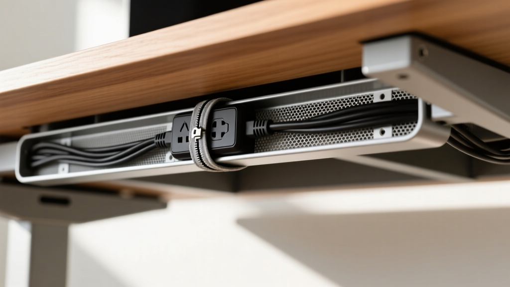 Underside of a standing desk showing neatly routed cables inside a mesh J-channel with a compact power strip zip-tied to the frame.