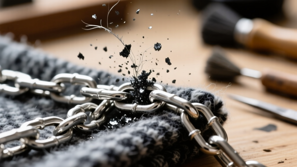 Macro view of napped flannel fibers lifting dark silver sulfide tarnish off a sterling silver chain link during active polishing