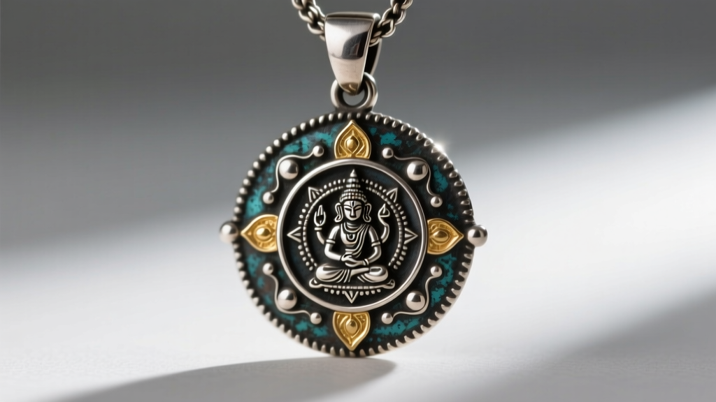 Macro shot of oxidized silver Hindu pendant with Panchdhatu inlay, showing darkened crevices and bright metallic relief work.
