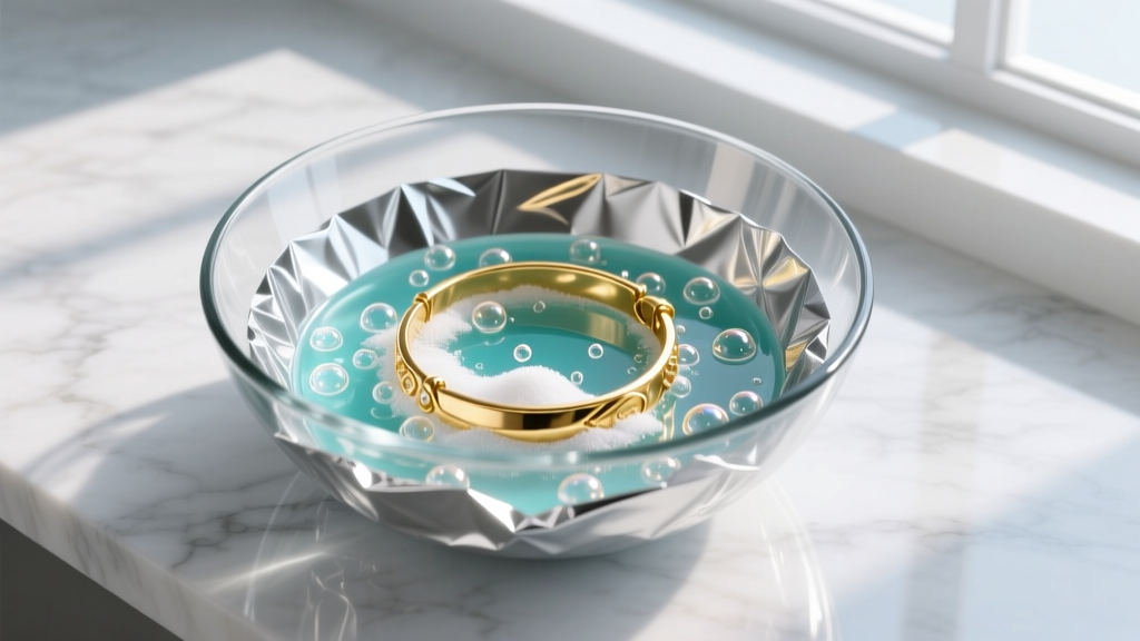 Overhead view of a glass bowl lined with aluminum foil, containing a 14k gold filled bracelet in a bubbling baking soda and hot water solution