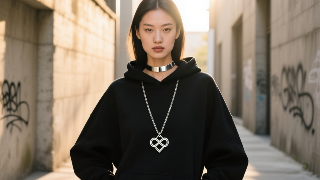 Model in black oversized streetwear hoodie layering an 18-inch silver choker with a 22-inch wheat chain and Gojo infinity pendant.