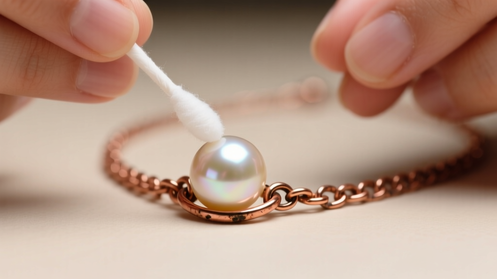 Hands using a cotton swab with mild soapy water to clean a single pearl on a copper necklace, carefully avoiding the metal links.