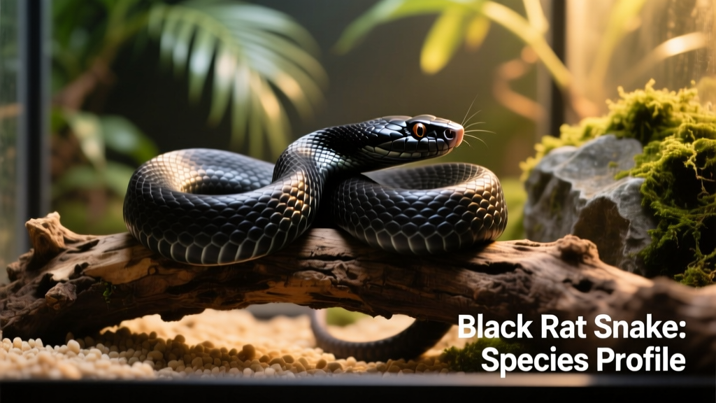 A healthy adult black rat snake coiled calmly on a naturalistic branch in its enclosure