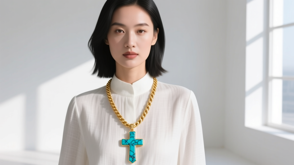 Woman wearing a 20-inch 18k gold rope chain with a heavy turquoise cross stone necklace over a crisp white linen blouse