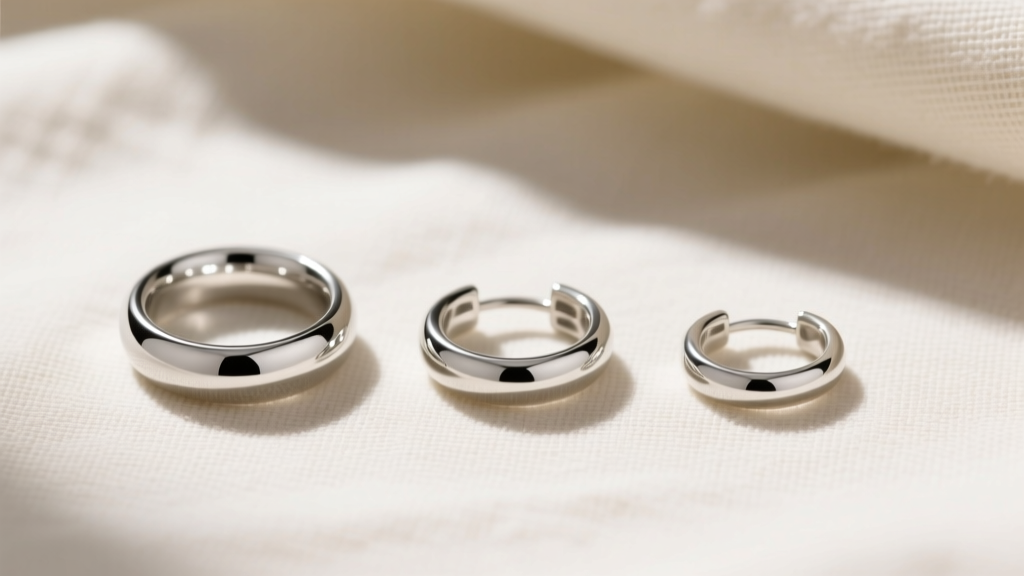Flat lay of three seamless ring earrings in 18, 16, and 14 gauge sizes, neatly arranged on a minimalist cream linen background.